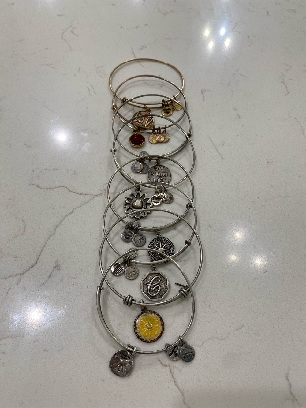 Alex and Ani lot of 8 bangles Mixed Metal Charm Bangle Stack with Yellow Accent